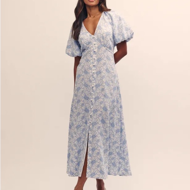 Blue Floral Midi Dress With Puff Sleeves